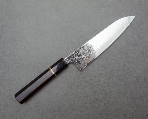Takeshi Saji R2/SG2 Mirror Damascus 180mm Gyuto with Silver Ring Ebony Buffalo Horn Handle