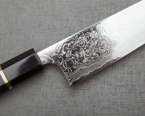 Takeshi Saji R2/SG2 Mirror Damascus 180mm Gyuto with Silver Ring Ebony Buffalo Horn Handle