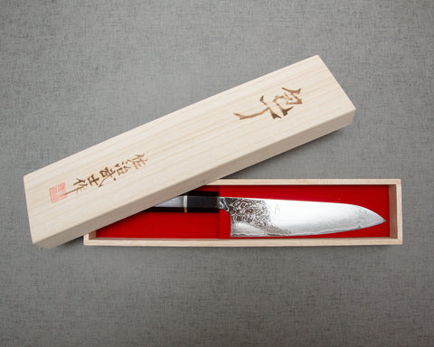 Takeshi Saji R2/SG2 Mirror Damascus 180mm Gyuto with Silver Ring Ebony Buffalo Horn Handle