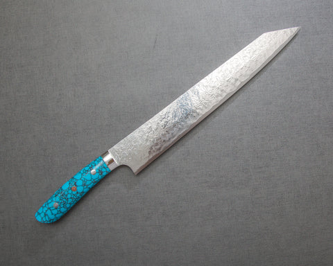 Takeshi Saji R2/SG2 Diamond Damascus Kiritsuke Sujihiki 300mm with Blue Turquoise Handle