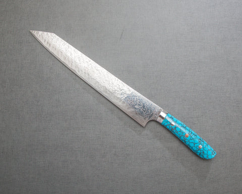 Takeshi Saji R2/SG2 Diamond Damascus Kiritsuke Sujihiki 300mm with Blue Turquoise Handle