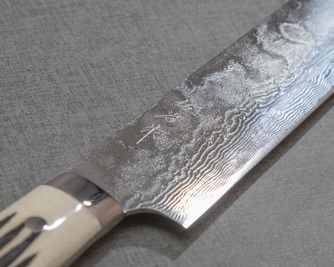 Takeshi Saji R2/SG2 Diamond Damascus 240mm Sakimaru Sujihiki with White Stag Bone Handle