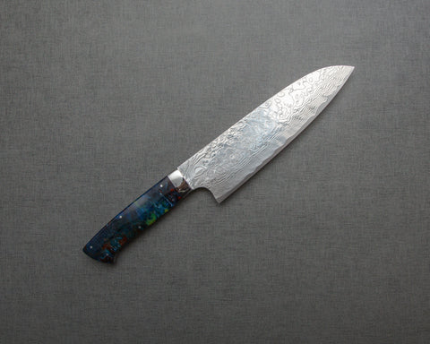 Takeshi Saji R2/SG2 Diamond Damascus 165mm Santoku with Polished Flowing Blue River Acrylic Handle