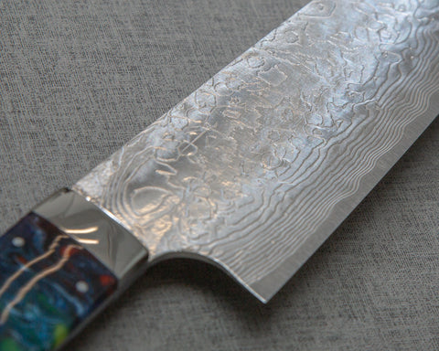Takeshi Saji R2/SG2 Diamond Damascus 165mm Santoku with Polished Flowing Blue River Acrylic Handle