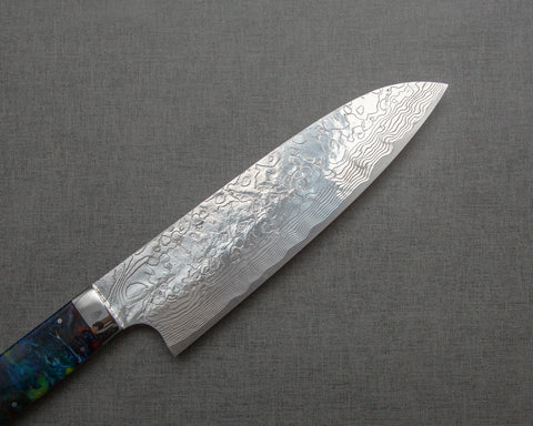 Takeshi Saji R2/SG2 Diamond Damascus 165mm Santoku with Polished Flowing Blue River Acrylic Handle