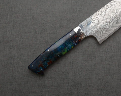 Takeshi Saji R2/SG2 Diamond Damascus 165mm Santoku with Polished Flowing Blue River Acrylic Handle