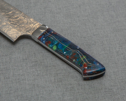 Takeshi Saji R2/SG2 Diamond Damascus 165mm Santoku with Polished Flowing Blue River Acrylic Handle