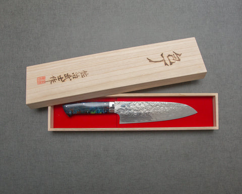 Takeshi Saji R2/SG2 Diamond Damascus 165mm Santoku with Polished Flowing Blue River Acrylic Handle