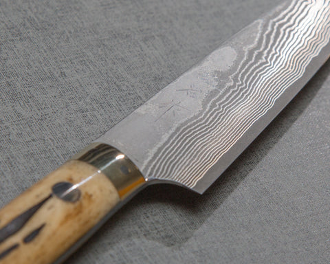Takeshi Saji VG10 Black Damascus 135mm Petty with Brown Stag Bone Handle