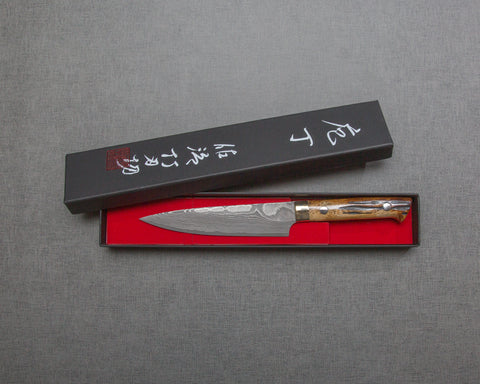 Takeshi Saji VG10 Black Damascus 135mm Petty with Brown Stag Bone Handle