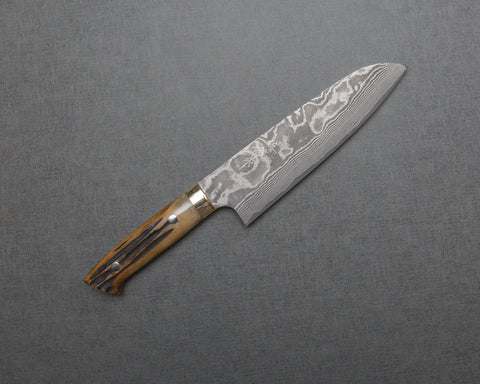 Takeshi Saji VG10 Black Damascus 180mm Santoku with Brown Stag Bone Handle