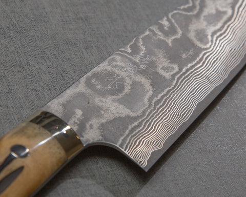 Takeshi Saji VG10 Black Damascus 180mm Santoku with Brown Stag Bone Handle