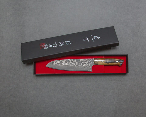 Takeshi Saji VG10 Black Damascus 180mm Santoku with Brown Stag Bone Handle