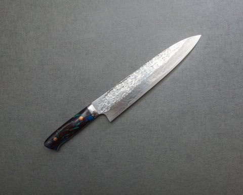 Takeshi Saji VG10 Tsuchime Damascus 240mm Gyuto with Polished Azurite Malachite Acrylic Handle