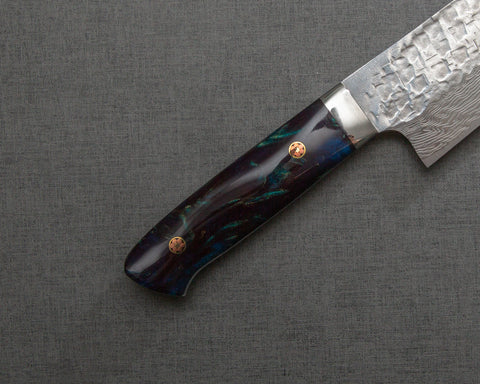 Takeshi Saji VG10 Tsuchime Damascus 240mm Gyuto with Polished Azurite Malachite Acrylic Handle