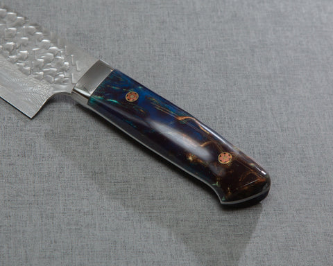 Takeshi Saji VG10 Tsuchime Damascus 240mm Gyuto with Polished Azurite Malachite Acrylic Handle