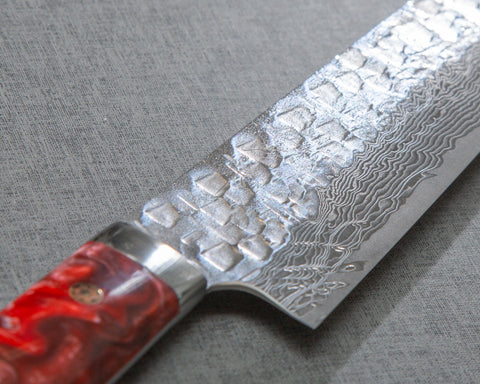 Takeshi Saji VG10 Tsuchime Damascus 240mm Gyuto with Polished Maroon Marble Acrylic Handle