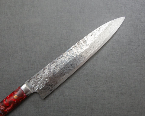 Takeshi Saji VG10 Tsuchime Damascus 240mm Gyuto with Polished Maroon Marble Acrylic Handle