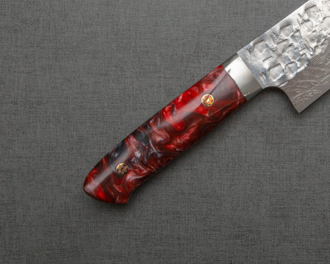 Takeshi Saji VG10 Tsuchime Damascus 240mm Gyuto with Polished Maroon Marble Acrylic Handle