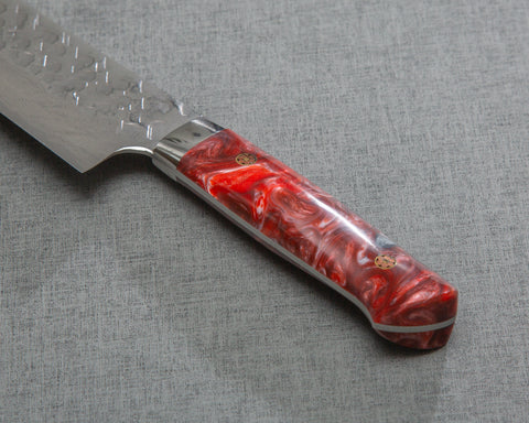 Takeshi Saji VG10 Tsuchime Damascus 240mm Gyuto with Polished Maroon Marble Acrylic Handle