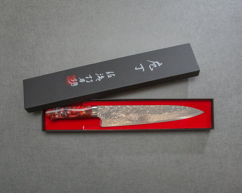 Takeshi Saji VG10 Tsuchime Damascus 240mm Gyuto with Polished Maroon Marble Acrylic Handle