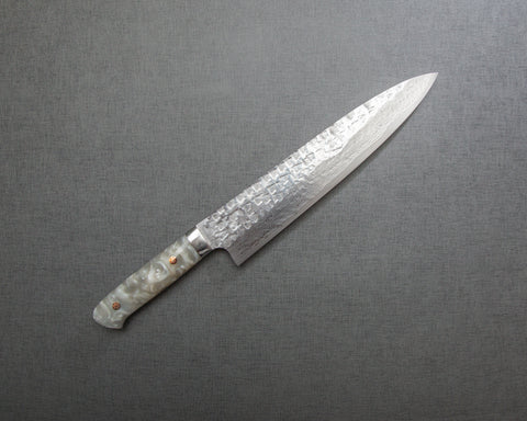 Takeshi Saji VG10 Tsuchime Damascus 240mm Gyuto with Polished White Marble Acrylic Handle