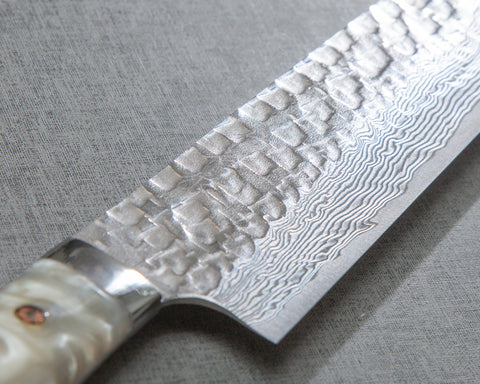 Takeshi Saji VG10 Tsuchime Damascus 240mm Gyuto with Polished White Marble Acrylic Handle