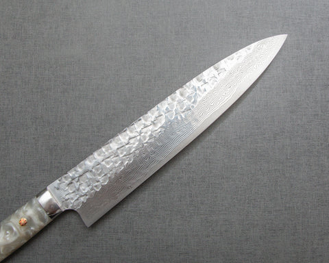 Takeshi Saji VG10 Tsuchime Damascus 240mm Gyuto with Polished White Marble Acrylic Handle