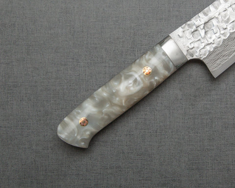 Takeshi Saji VG10 Tsuchime Damascus 240mm Gyuto with Polished White Marble Acrylic Handle