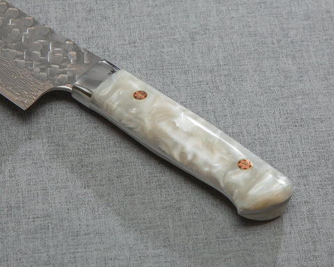 Takeshi Saji VG10 Tsuchime Damascus 240mm Gyuto with Polished White Marble Acrylic Handle