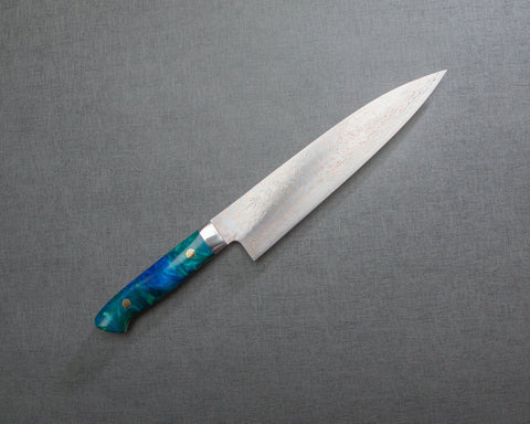 Takeshi Saji VG10 Colored Damascus 210mm Gyuto with Polished Ocean Blue Acrylic Handle