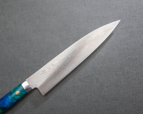 Takeshi Saji VG10 Colored Damascus 210mm Gyuto with Polished Ocean Blue Acrylic Handle