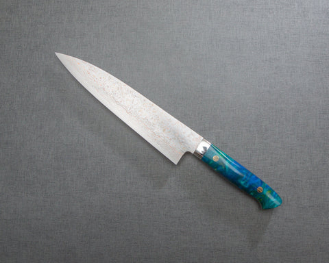 Takeshi Saji VG10 Colored Damascus 210mm Gyuto with Polished Ocean Blue Acrylic Handle
