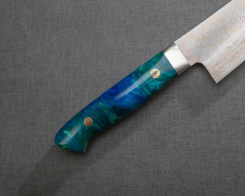 Takeshi Saji VG10 Colored Damascus 210mm Gyuto with Polished Ocean Blue Acrylic Handle