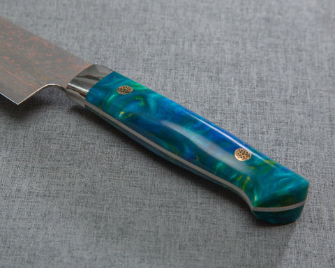 Takeshi Saji VG10 Colored Damascus 210mm Gyuto with Polished Ocean Blue Acrylic Handle