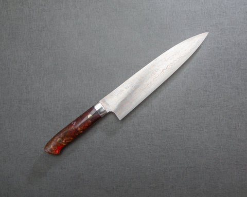 Takeshi Saji VG10 Colored Damascus 210mm Gyuto with Polished Maroon Amber Acrylic Handle