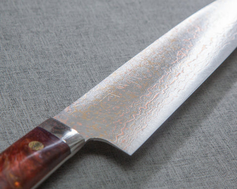 Takeshi Saji VG10 Colored Damascus 210mm Gyuto with Polished Maroon Amber Acrylic Handle
