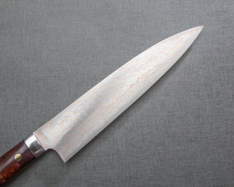 Takeshi Saji VG10 Colored Damascus 210mm Gyuto with Polished Maroon Amber Acrylic Handle