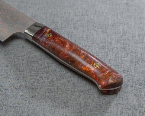 Takeshi Saji VG10 Colored Damascus 210mm Gyuto with Polished Maroon Amber Acrylic Handle