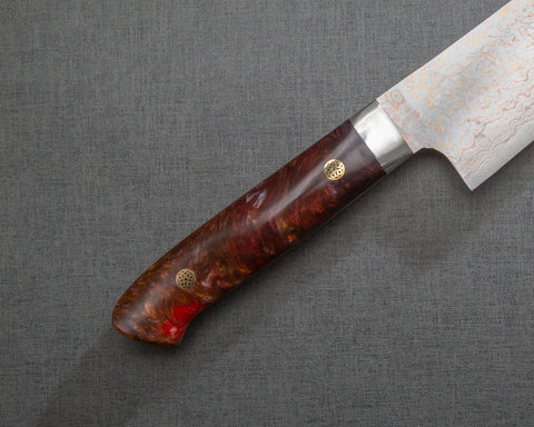 Takeshi Saji VG10 Colored Damascus 210mm Gyuto with Polished Maroon Amber Acrylic Handle
