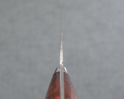 Takeshi Saji VG10 Colored Damascus 210mm Gyuto with Polished Maroon Amber Acrylic Handle