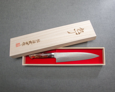 Takeshi Saji VG10 Colored Damascus 210mm Gyuto with Polished Maroon Amber Acrylic Handle