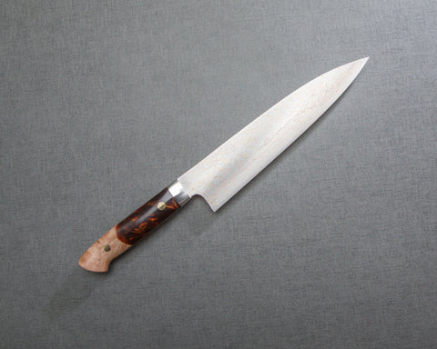 Takeshi Saji VG10 Colored Damascus 210mm Gyuto with Stabilized Wood / Polished Maroon Amber Acrylic Handle
