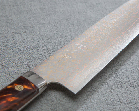 Takeshi Saji VG10 Colored Damascus 210mm Gyuto with Stabilized Wood / Polished Maroon Amber Acrylic Handle
