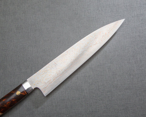 Takeshi Saji VG10 Colored Damascus 210mm Gyuto with Stabilized Wood / Polished Maroon Amber Acrylic Handle