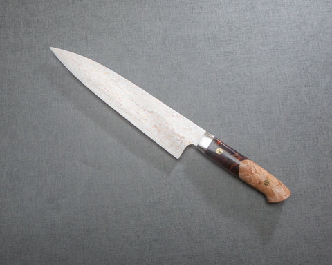 Takeshi Saji VG10 Colored Damascus 210mm Gyuto with Stabilized Wood / Polished Maroon Amber Acrylic Handle