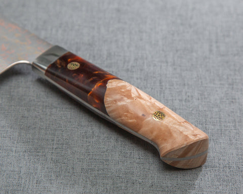 Takeshi Saji VG10 Colored Damascus 210mm Gyuto with Stabilized Wood / Polished Maroon Amber Acrylic Handle