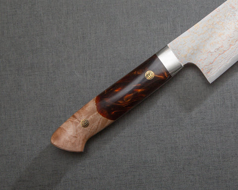 Takeshi Saji VG10 Colored Damascus 210mm Gyuto with Stabilized Wood / Polished Maroon Amber Acrylic Handle