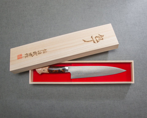 Takeshi Saji VG10 Colored Damascus 210mm Gyuto with Stabilized Wood / Polished Maroon Amber Acrylic Handle