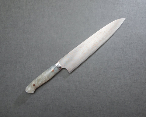 Takeshi Saji VG10 Colored Damascus 240mm Gyuto with Polished White Marble Acrylic Handle